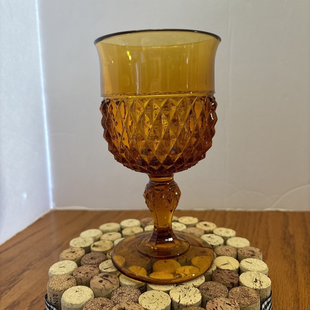 Vintage Amber Indiana Glass Diamond Point Goblet EUC